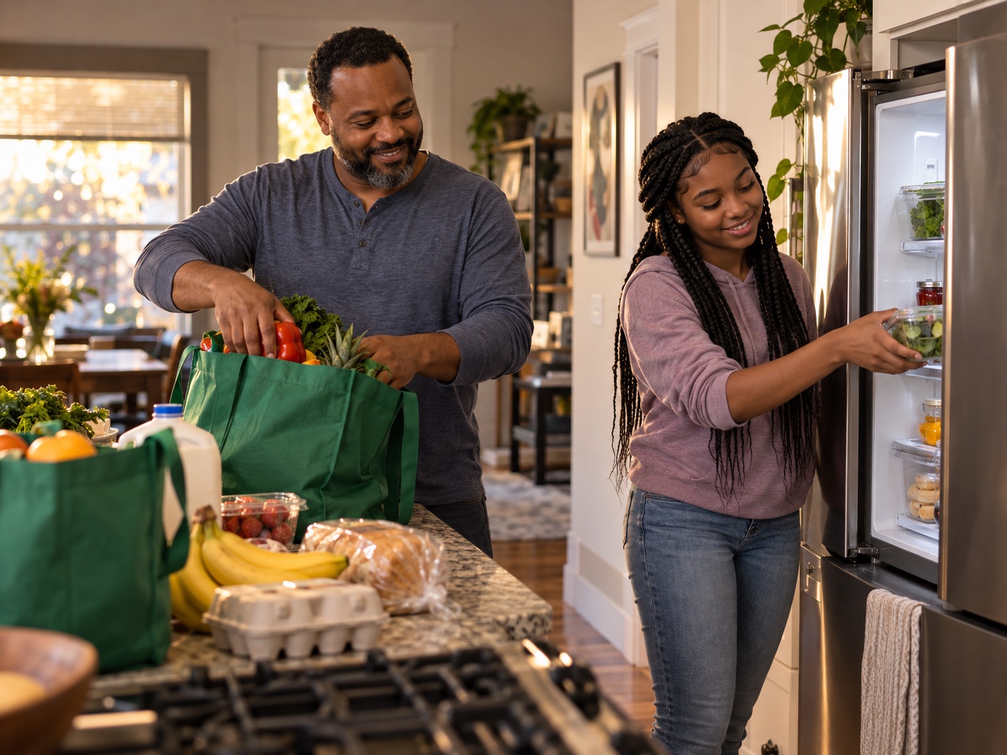 Illustrative photo of a Black father and daughter organizing groceries at home